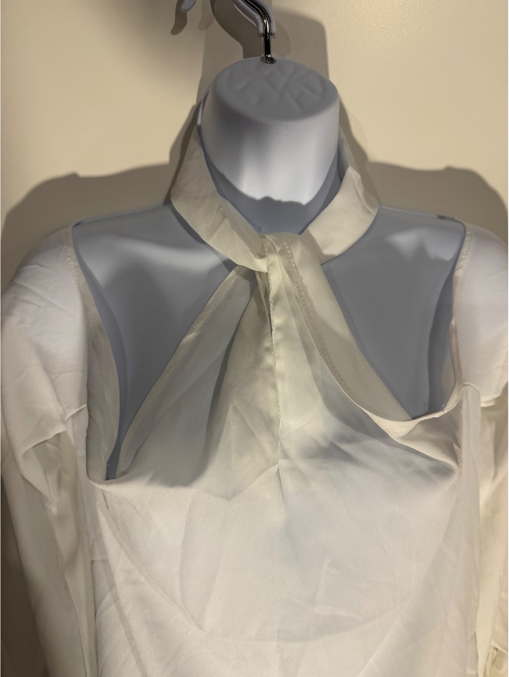 White Cold Shoulder Blouse with Tie Neck and Back Zipper
